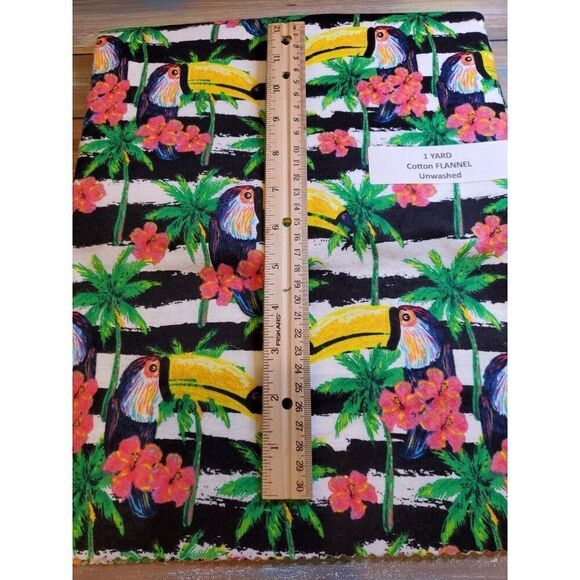 Quilting Fabric 1 Yard Flannel Toucan Hibiscus Palm Trees Hawaiian Stripes - Picture 5 of 6